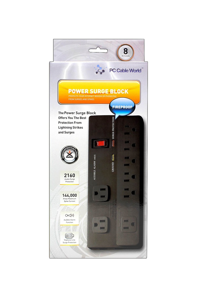 8-Outlet Surge Protector Power Bar — 2160J, Rotating Plug (6 ft, Black)